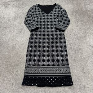 White House Black Market Geometric V-Neck Midi Shift Dress Womens XS Lack White